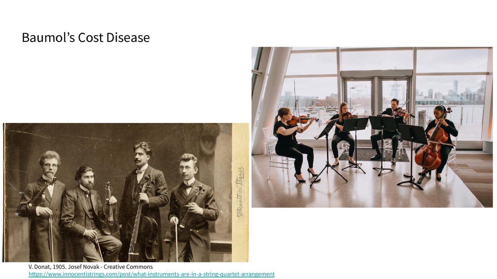 Baumol's cost disease: string quartets in 1905 and today have the same economics, while other industries transformed