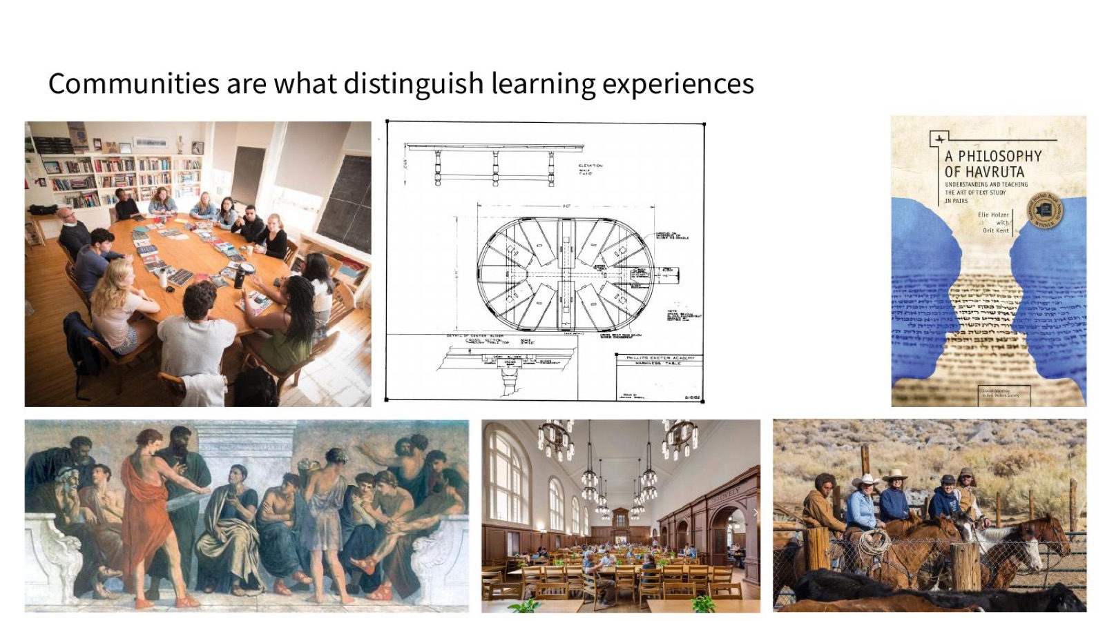 Communities are what distinguish learning experiences: Aristotle's peripatetic school, Havruta, the Harkness table, a Yale dining hall, and Deep Springs College