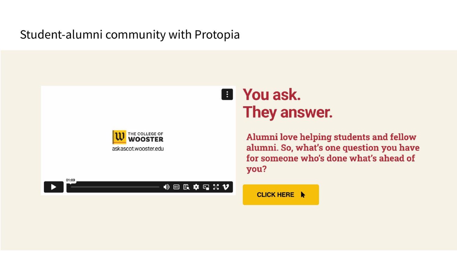 Student–alumni community with Protopia