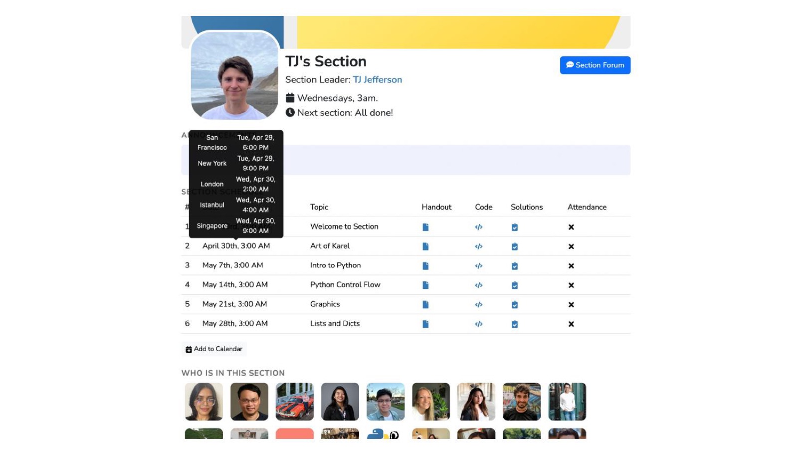 A Code in Place section page, with meeting times shown across world time zones