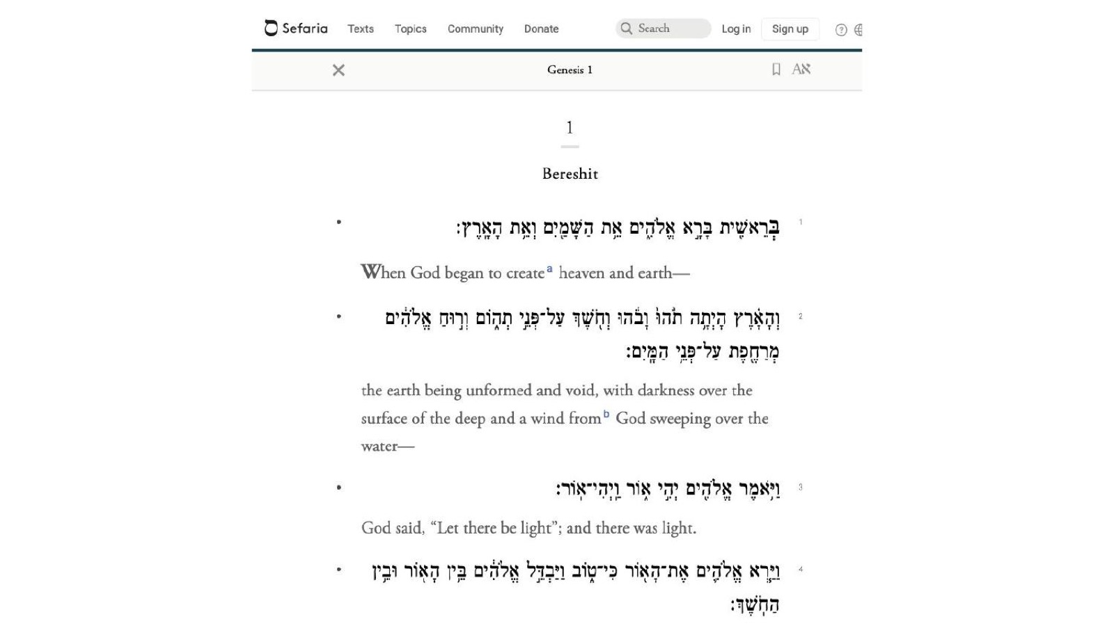 Genesis on Sefaria.org, with Hebrew text and English translation
