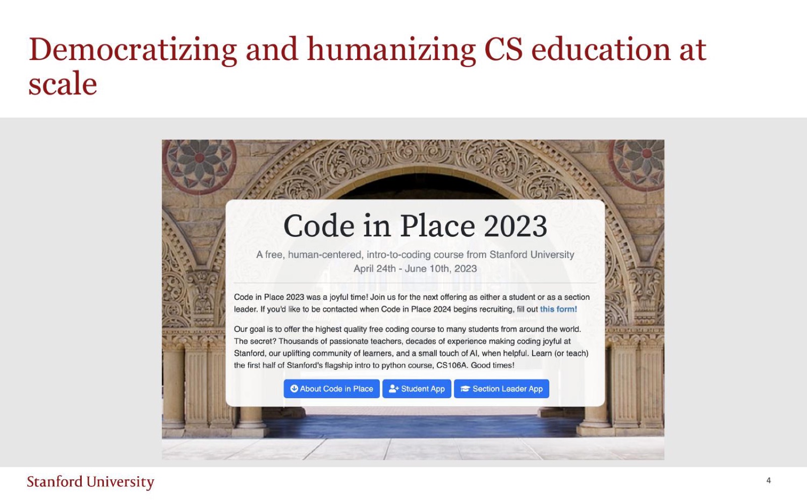 Democratizing and humanizing CS education at scale