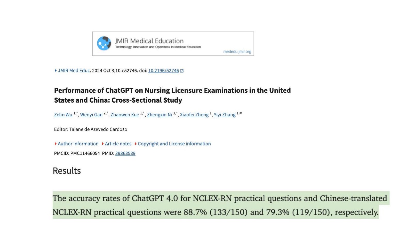 ChatGPT passes the NCLEX-RN: accuracy rates of 88.7% on the US nursing licensure exam — JMIR Medical Education, 2024