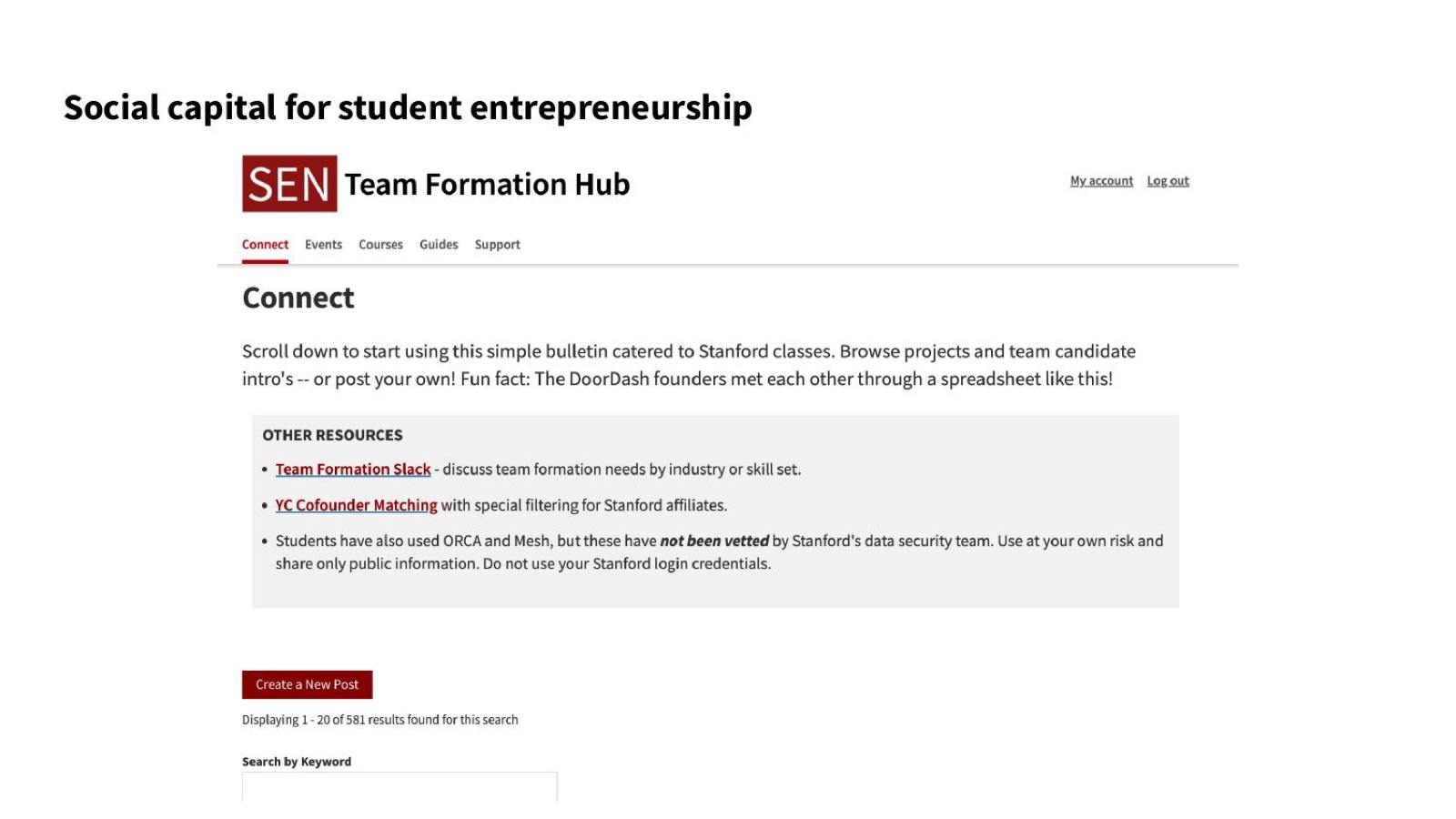 Social capital for student entrepreneurship: Stanford's Team Formation Hub